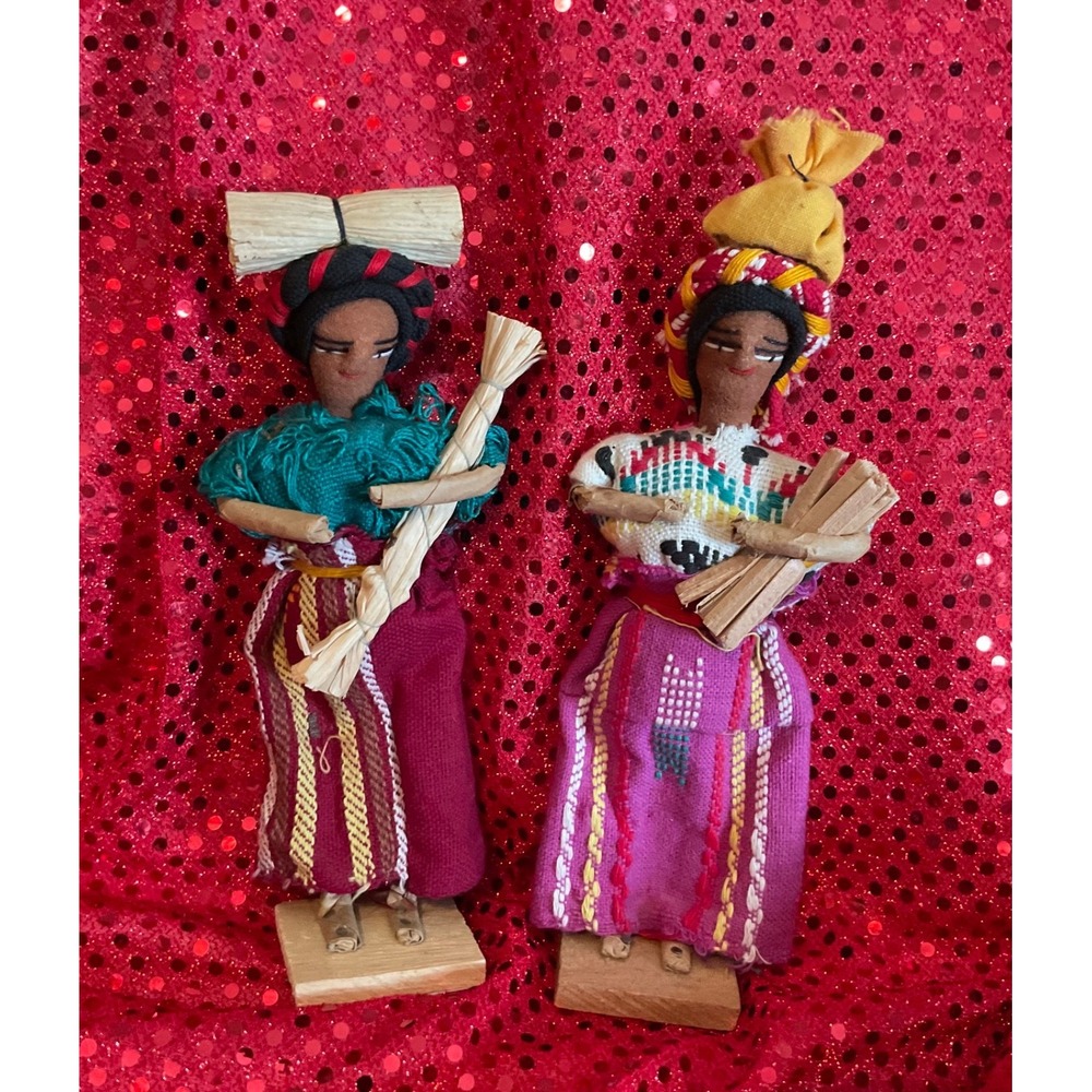Two vintage handmade Guatemalan folk art cloth Worry Dolls .